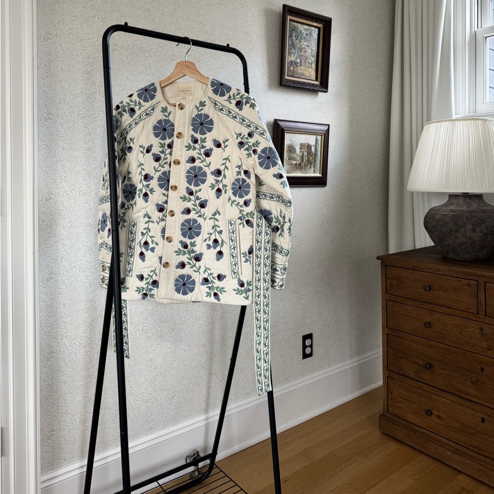Sezane Floral Embroidered Sweater Jacket